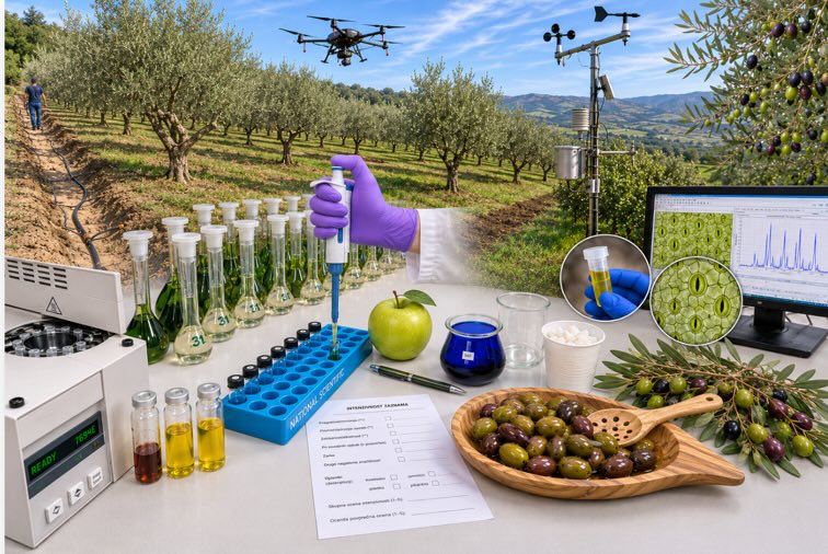 V eni sliki zajetih več motivov: oljčnik, laboratorij, droni za napredno kmetovanje itd.
